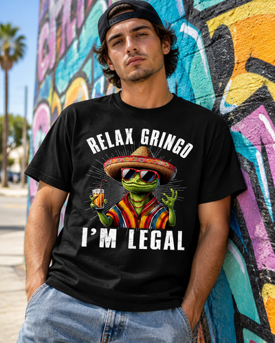 I'm Legal lizard graphic tee worn by a graffiti wall