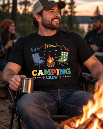 Man wearing the Fires Friends and Fun tee by a campfire