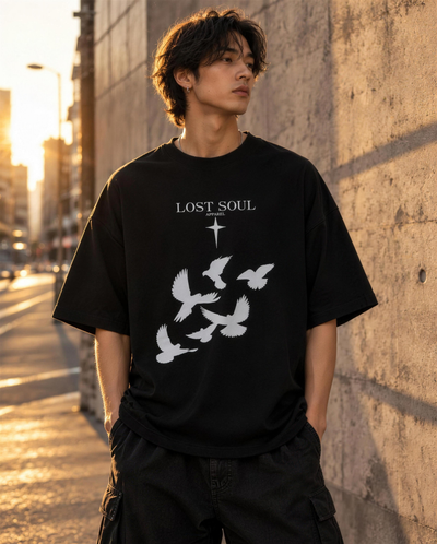 Lost Soul dove oversized graphic tee worn on a city street