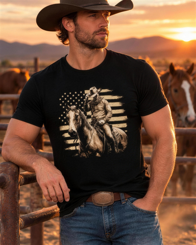 Man in cowboy hat wearing the cowboy on horse graphic tee at a ranch