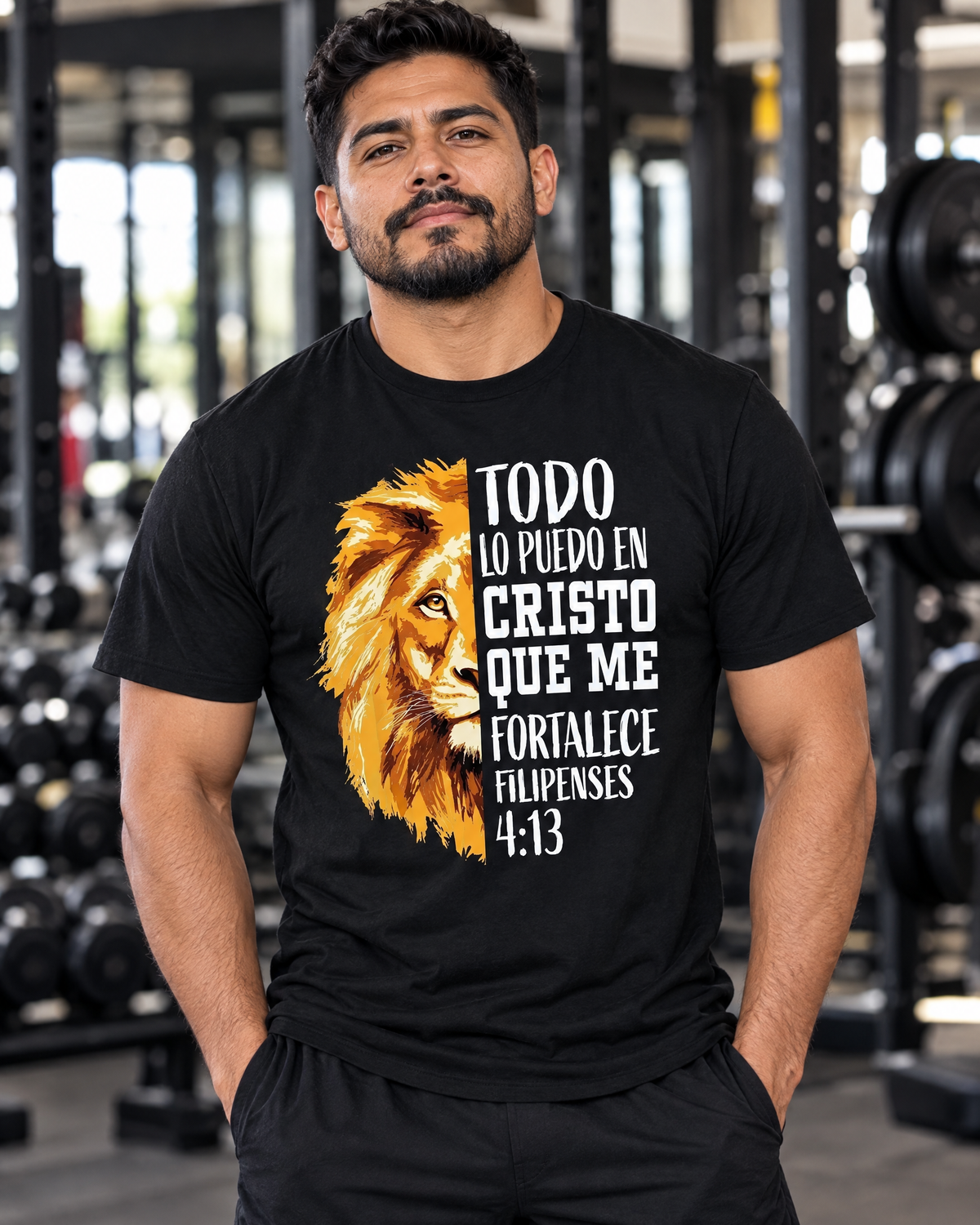 Man wearing the Philippians 4:13 Spanish graphic tee in a gym