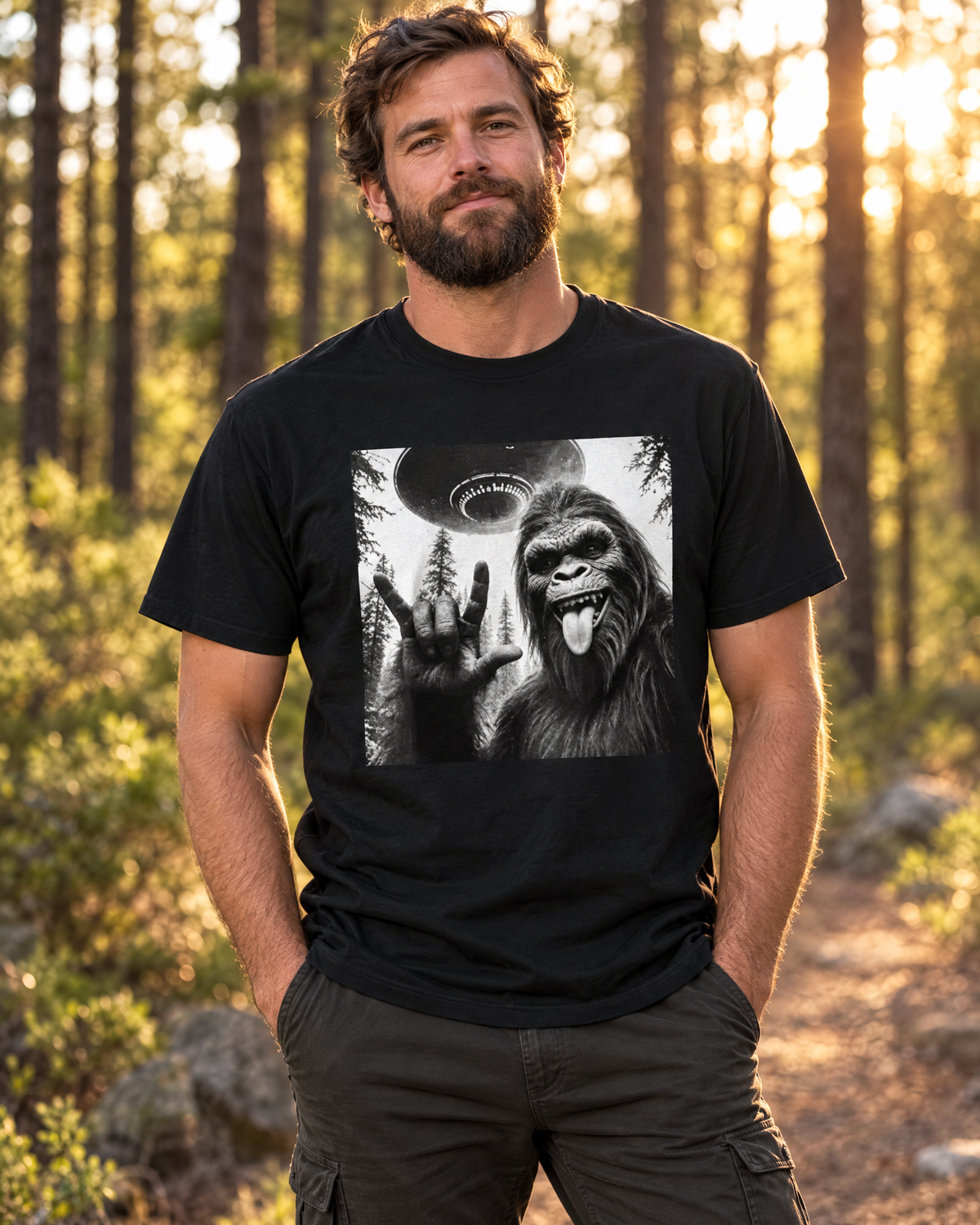 Man wearing the Bigfoot UFO Selfie funny graphic tee on a forest trail