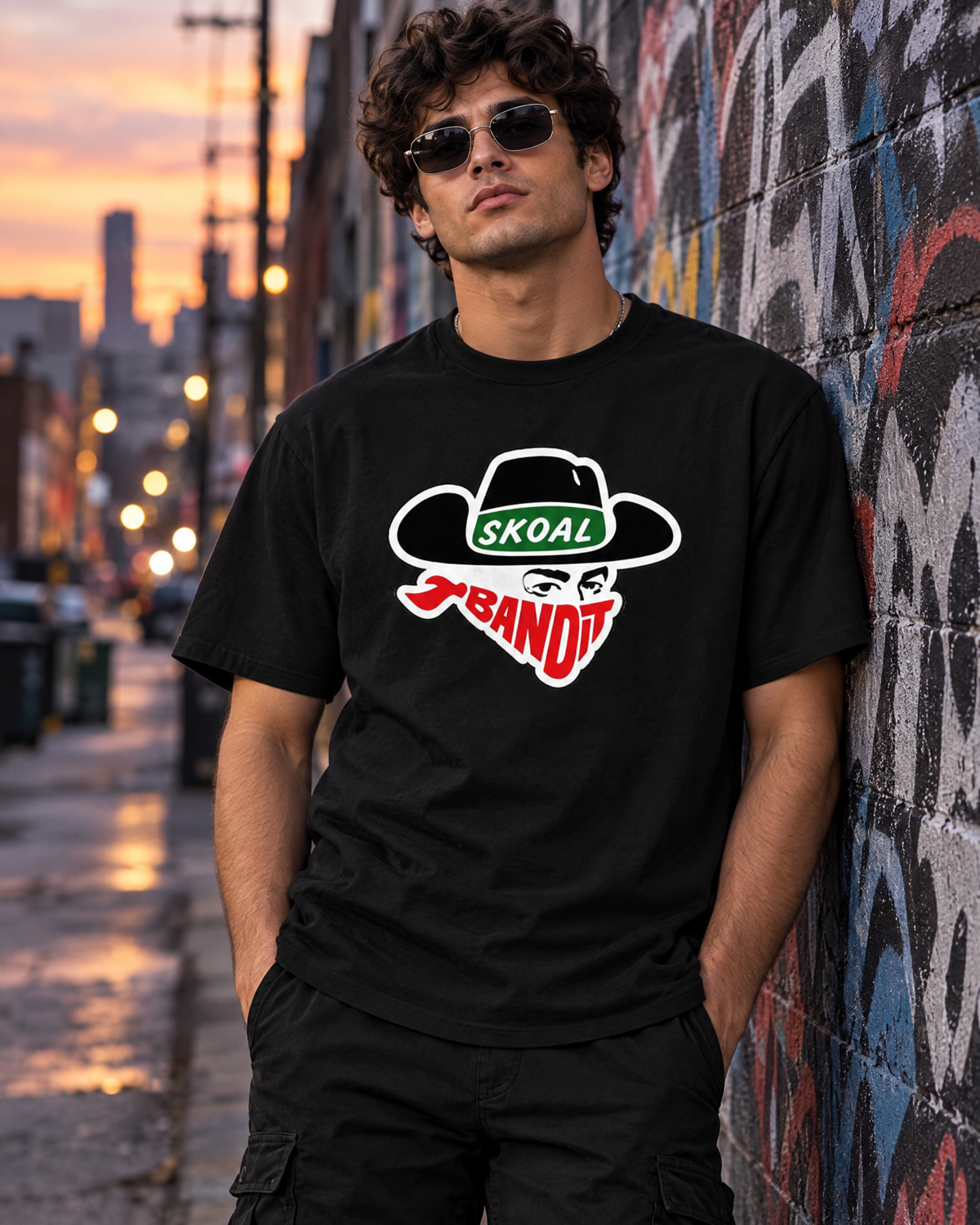 Man wearing the Bandit graphic tee by a graffiti wall