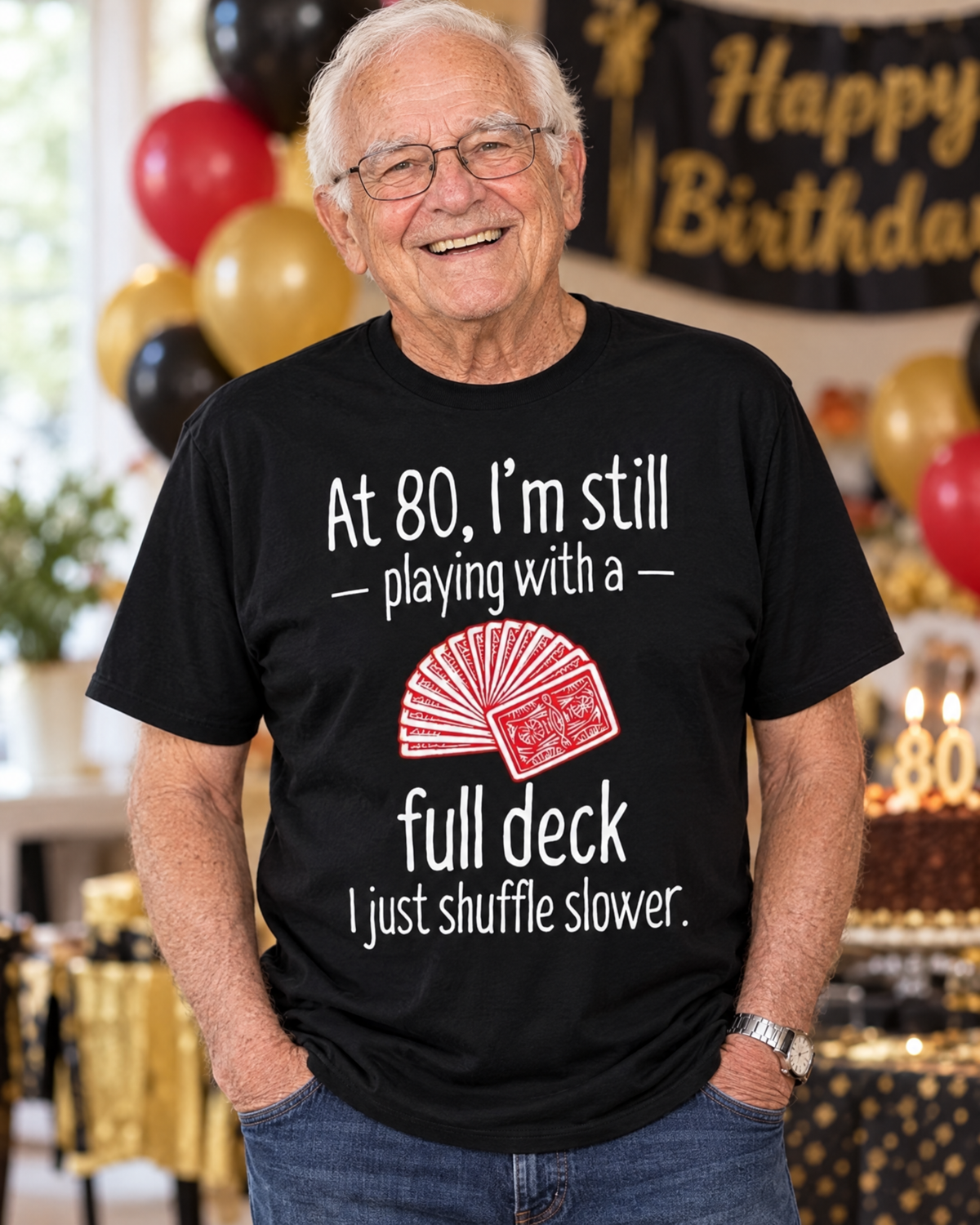 Elderly man wearing the 80th Birthday funny graphic tee at a birthday party