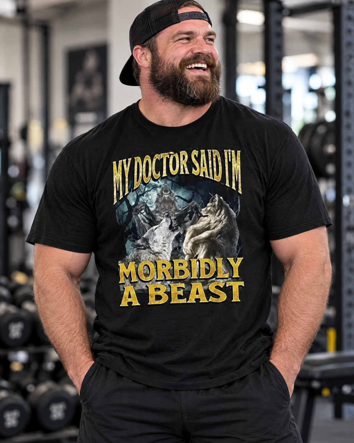 Man wearing the My Doctor Said I'm Morbidly A Beast werewolf graphic tee in a gym