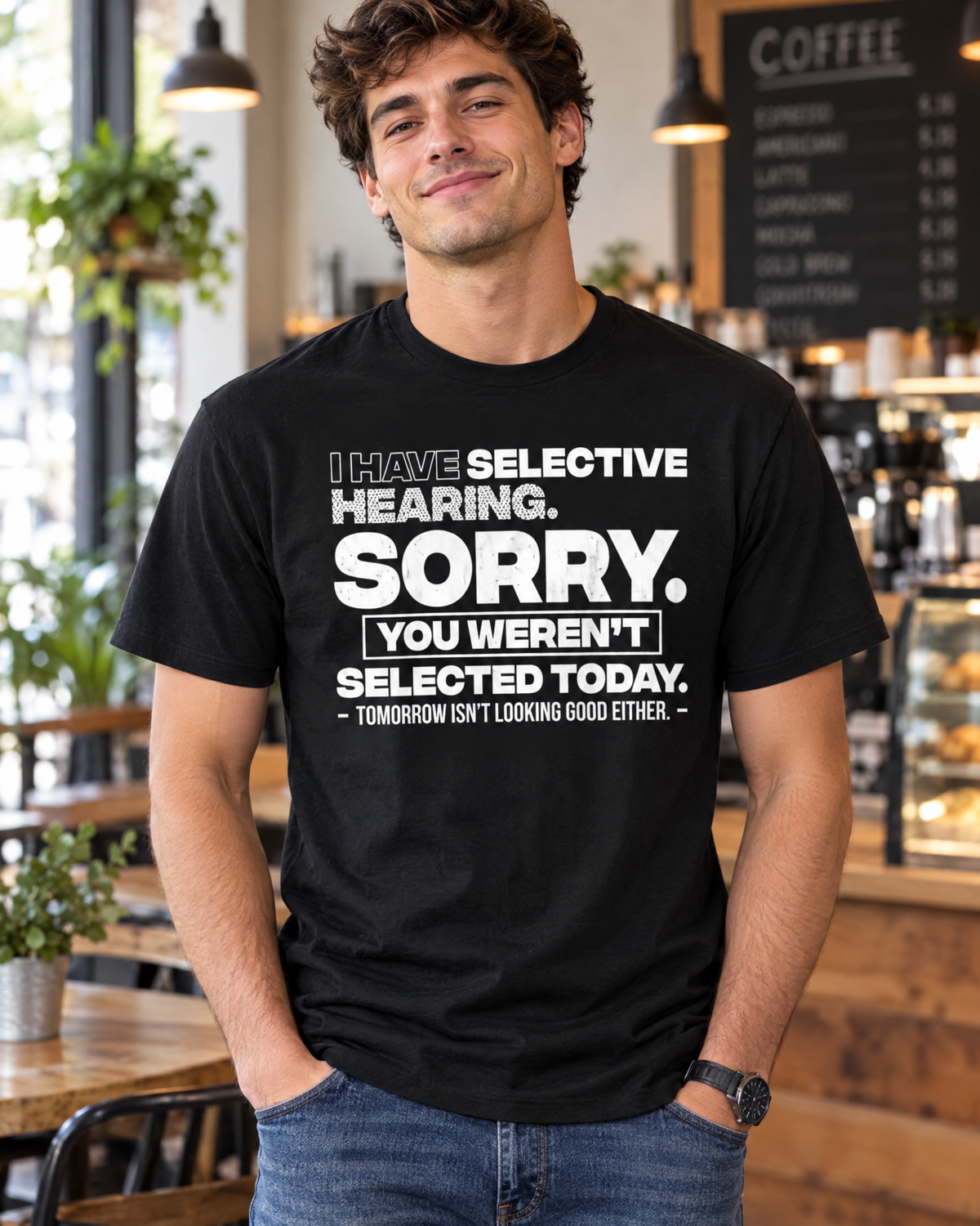 Man wearing the Sorry You Weren't Selected funny graphic tee in a coffee shop