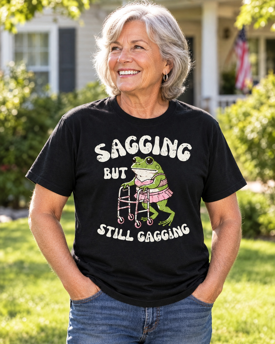 Older woman wearing the Sagging funny graphic tee in black